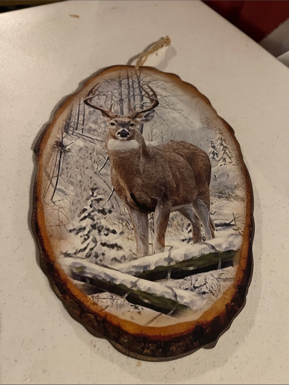 Rustic Deer Wood Slice Ornament - Brown Winter Scene